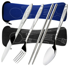 SENHAI 2 Set Flatware, Stainless Steel Chopsticks Fork Spoon Knife Dinnerware with Carrying Case for Traveling Picnic Working Hiking