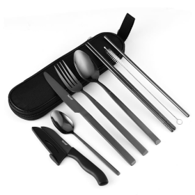 Hecef Portable Travel Cutlery Set, 9 Pcs Black Titanium Plating Reusable Stainless Steel Camping Utensils