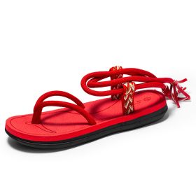 Men Sandals City Leisure Two Methods Lace Up Fashion Sandals Black Red Summer Men Casual Shoes Hiking Sandals Man Beach Sandals (Color: Red)