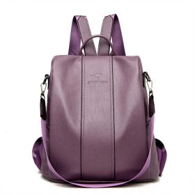 Ladies Anti-theft Soft Leather Backpack Women Vintage Shoulder Bag High Capacity Bag (Color: Purple)